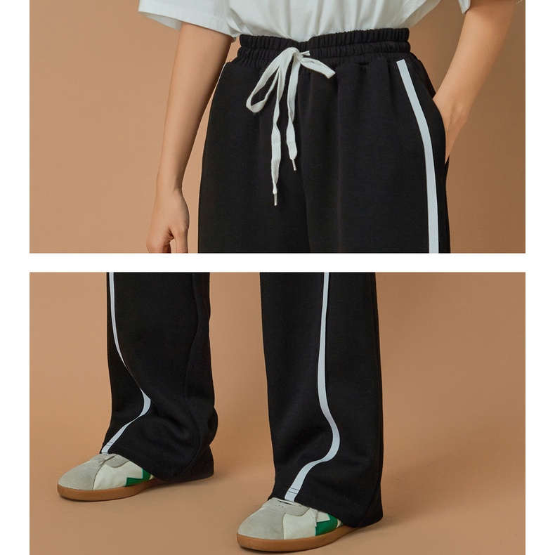 Quần ống rộng nữ ALALA thể thao 1 sọc chéo, quần dài nữ ống suông cạp chun cao có dây rút unisex