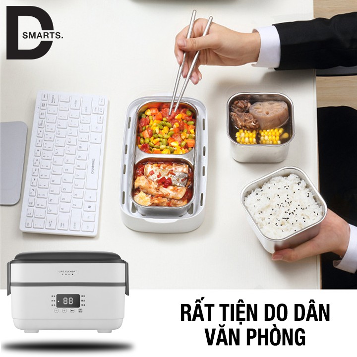 Hộp cơm văn phòng tự nấu chín, hâm nóng, giữ nhiệt thức ăn - 2 tầng 3 khay inox DSMART