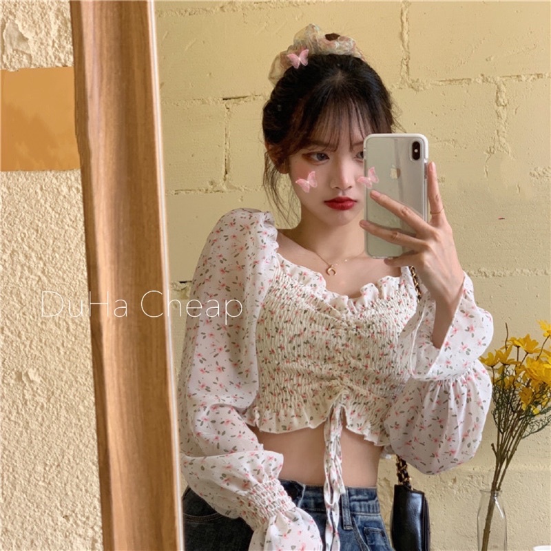 [Ảnh thật+ Video] (Siêu Rẻ)ÁO CROPTOP HOA NHÍ XINH XINH RÚT DÂY GIỮA TAY DÀI NHÚN Chizi Shop