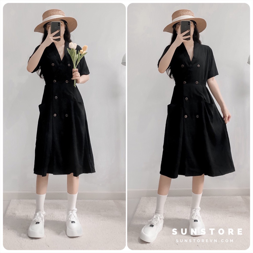 Đầm suông dài đen thanh lịch cổ vest chữ V eo có bo chun eo giãn Tilly dress