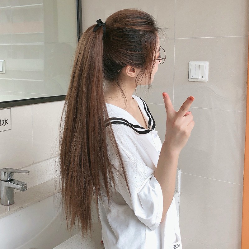 Tóc Giả Buộc Dây Cột Đuôi Loại Thẳng Dài 55cm Tỉa Lá !
