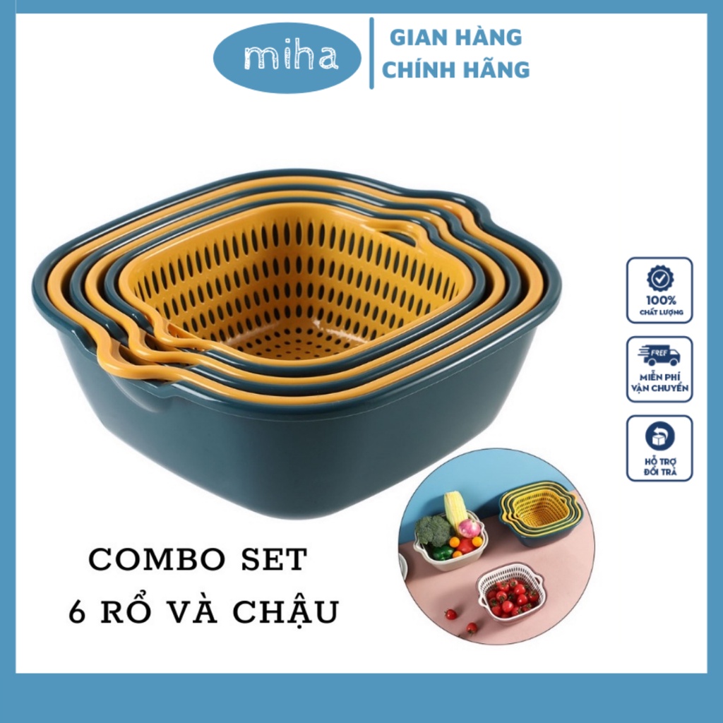Rổ nhựa chữ nhật đựng đồ kèm chậu,bộ 3 rổ 3 chậu cao cấp tiện ích