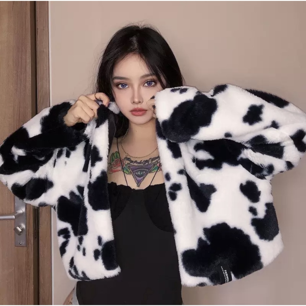 Áo khoác lông nhung mềm mại bò sữa cá tính