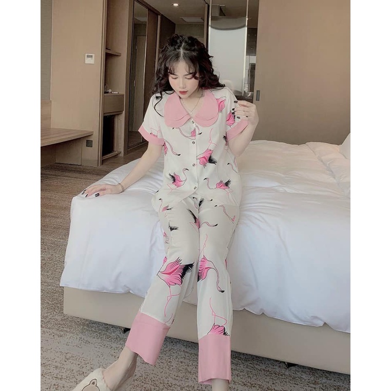 Đồ bộ nữ Pyjama lụa Mango tay ngắn quần dài cổ sen 2 lá