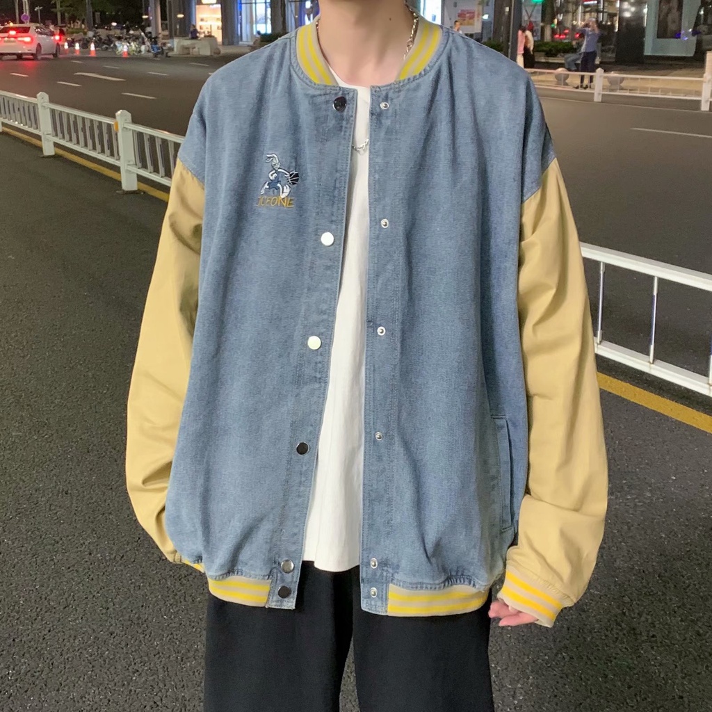 Áo khoác nam vải jean thời trang Hàn Quốc cá tính ifashion áo khoác bóng chày nam in hoa Soild color Thêu thùa new top