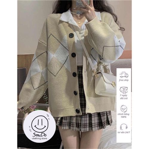 Áo Khoác Cardigan Nút Kẻ Hình Quả Trám Dáng Thời Trang Thu Đông Tay Dài | Smide Clothing