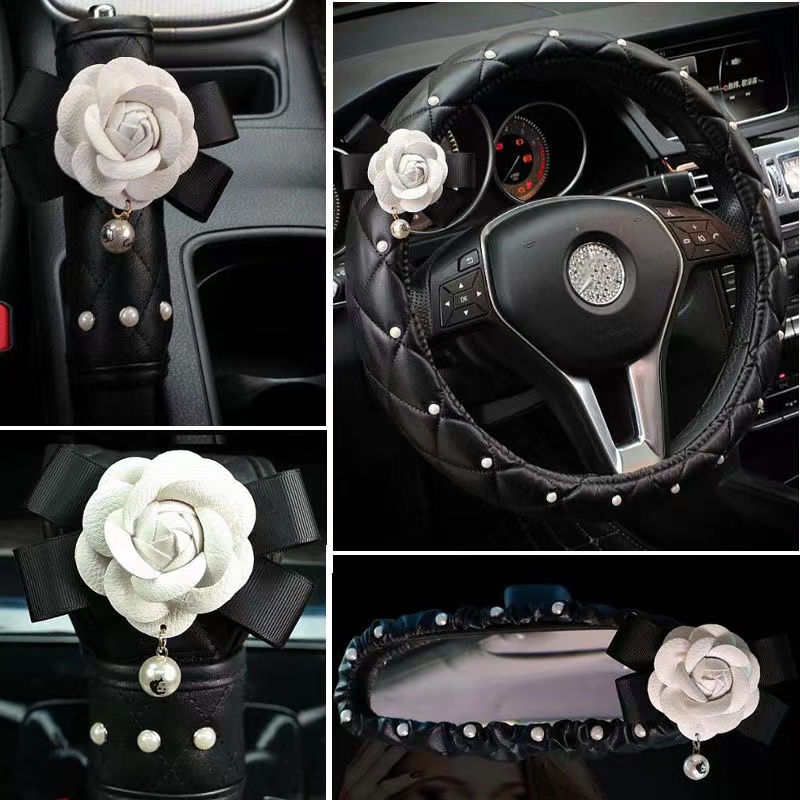 【Ready Stock】 Camellia Series Car Interior Set Accessories Handbrake Gear Cover Seat Belt Shoulder Armrest Box Pad Rearview Mirror 5gKz