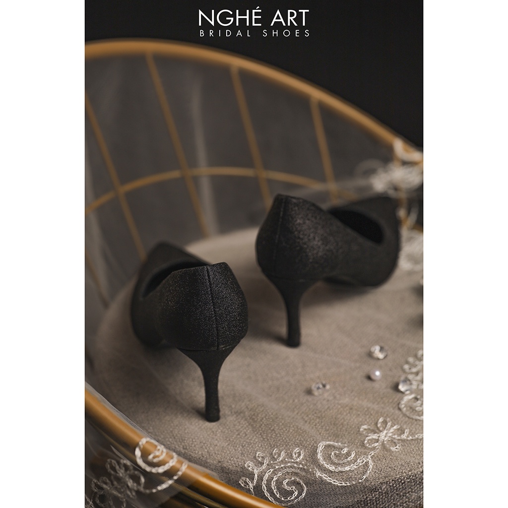 Giày cưới Nghé Art cao gót kim tuyến đen 357