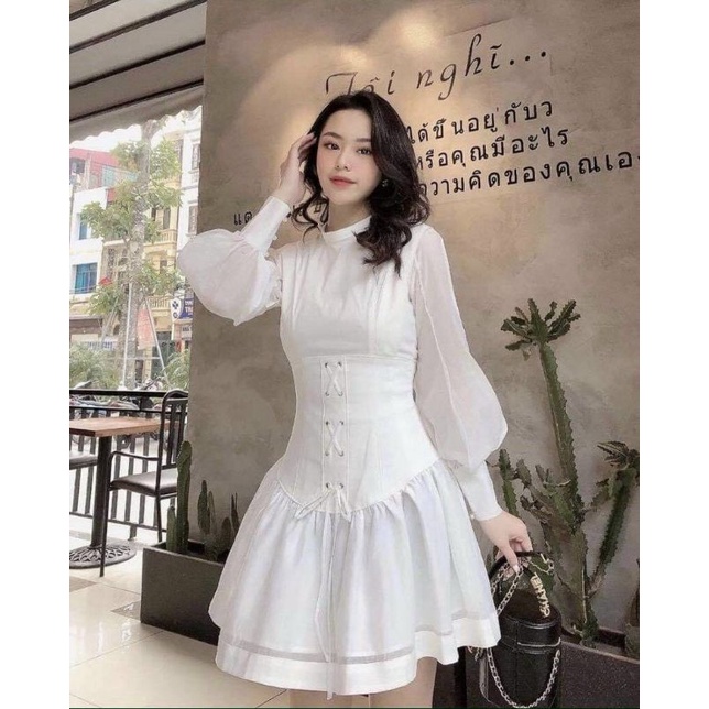Đầm trắng đan bụng tay voan