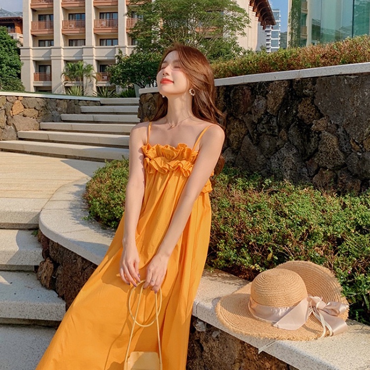 Đầm 2 dây nhún bèo Váy hai dây maxi đi biển sang chảnh