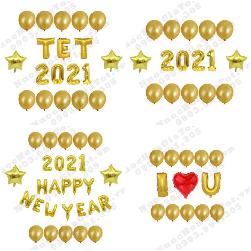 Combo set bong bóng nhôm nhũ vàng happy new year tết 2021 I love you anh yêu em valentine trang trí tiệc