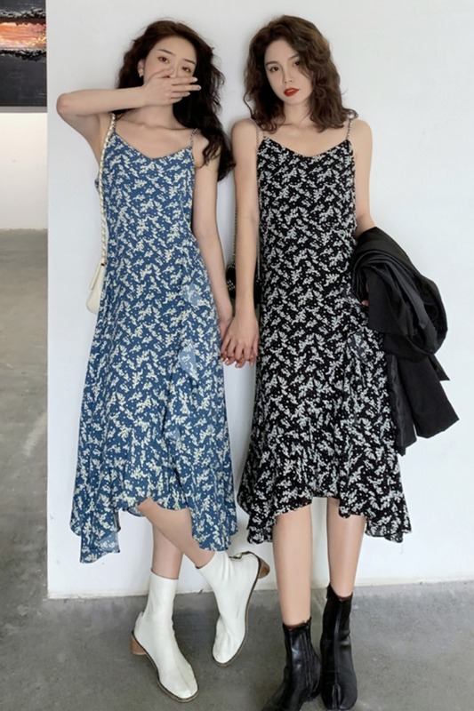 [đầm nữ dài] Váy midi dài 2021, [váy dài nữ] hai dây hoa nhí qua gố xòe đẹp màu đen thời trang công sở | BigBuy360 - bigbuy360.vn