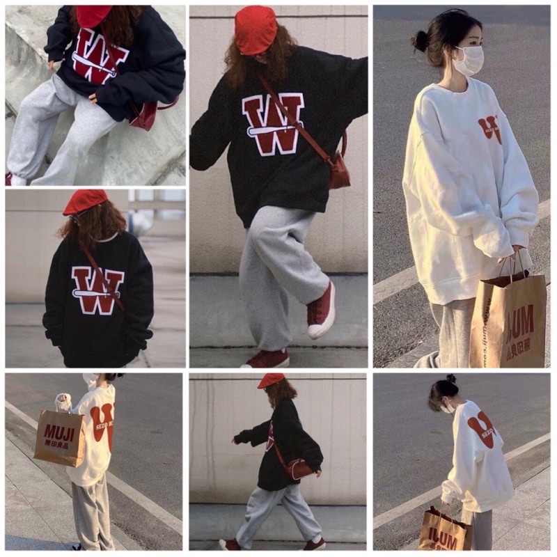 Set Bộ Áo Nỉ Sweater W Quần Bom Ulzzang Unisex Nam Nữ Siêu Hot(Hàng Sẵn)