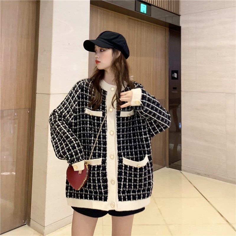 [CÓ SẴN C103] ÁO KHOÁC LEN CARDIGAN SỌC Ô PHỐI VIỀN PHONG CÁCH RETRO | BigBuy360 - bigbuy360.vn