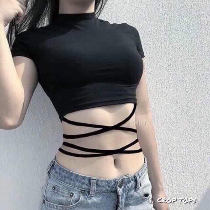 Áo Croptop Đan Dây Eo Nữ [FREESHIP]  Phông Thun Body Dáng Ôm Thiết Kế Basic  Màu ĐEN | TRẮNG Ulzzang HOT