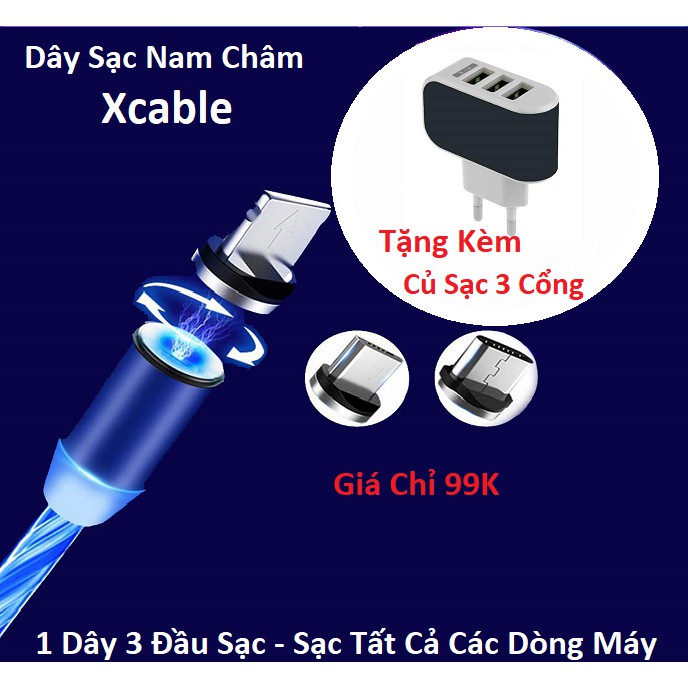 Dây Cáp Sạc Nam Châm 360 XCable- 1 Dây 3 Đầu Sạc Lightning, Micro USB, Type C, Tặng Kèm Củ Sạc 3 Cổng