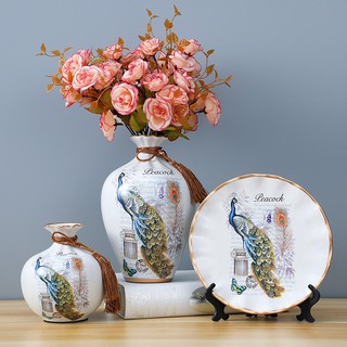 Bộ 3 bình gốm chim công trang trí phòng khách (tặng kèm hoa)