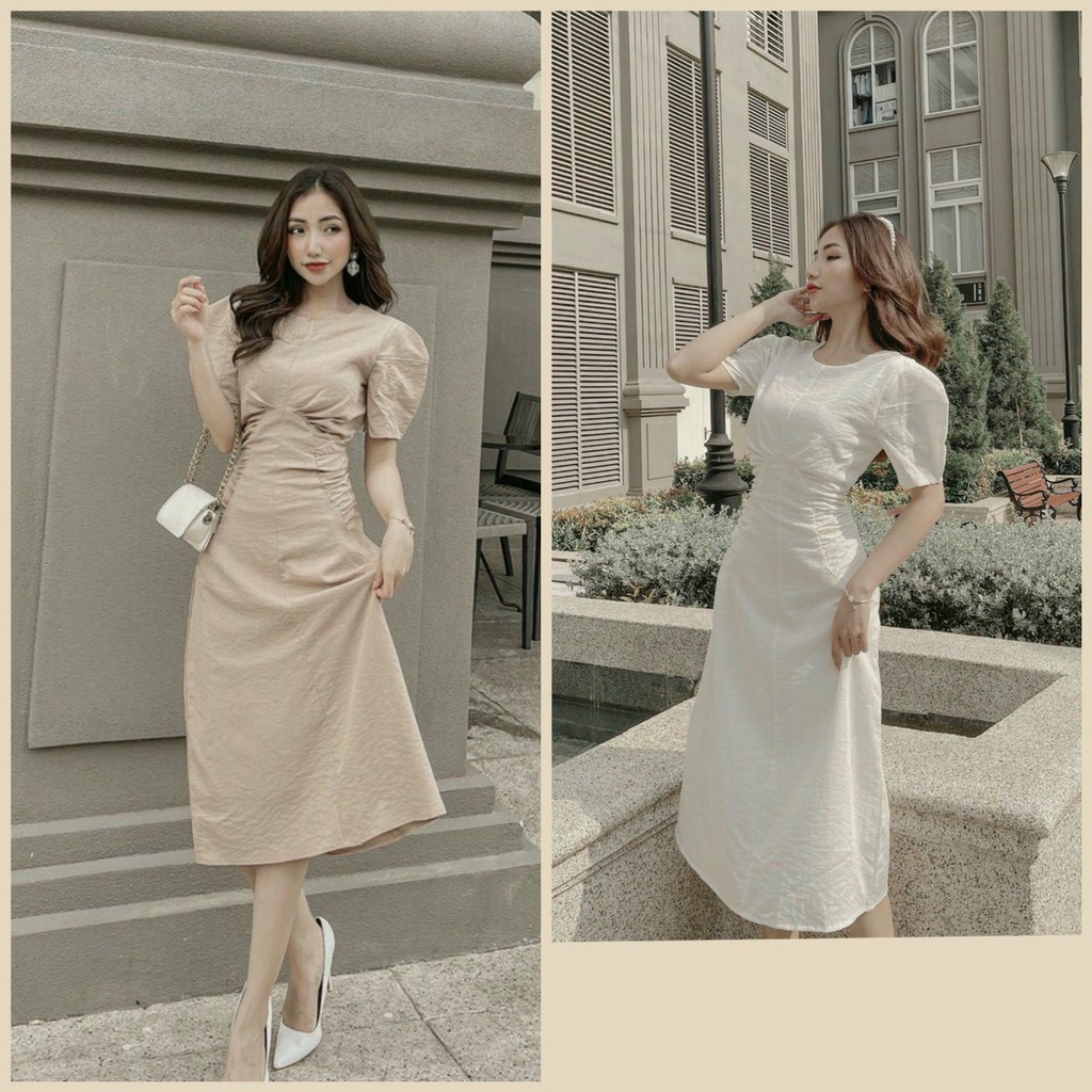 Váy đầm nữ - vintage nữ tiểu thư dạo phố linen - trắng nude
