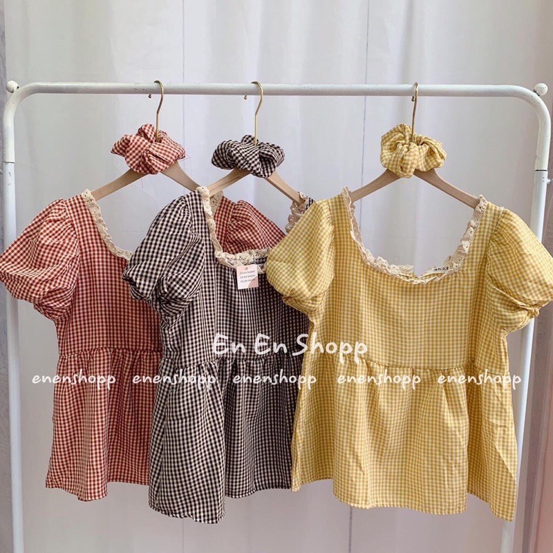 Set Nữ Áo Caro kèm Dây buộc tóc siêu xinh