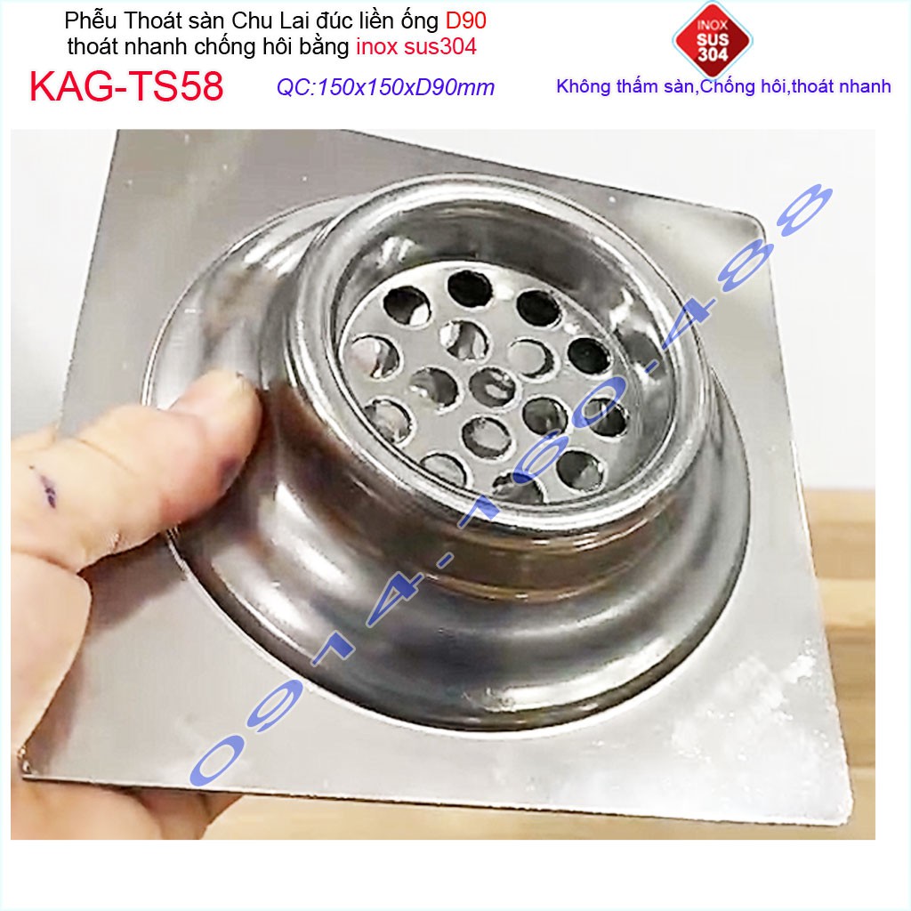 Phễu thoát sàn Chu Lai 15x15cm KAG-TS58-D90, Hố ga Thoát sàn chống hôi ống 9cm inox 304 đúc dày thoát nhanh chặn tóc tốt