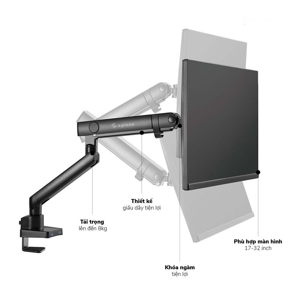 Giá treo / ARM màn hình Epione Liftup Dou (Hàng chính hãng) - Tay treo linh hoạt, cứng cáp, chịu lực lớn, chuẩn Vesa