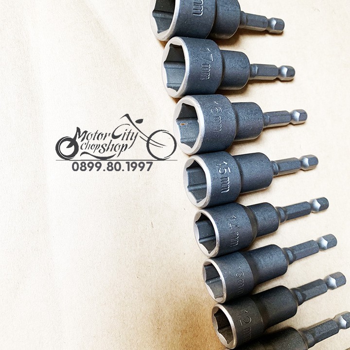 Đầu chụp, đầu bắn bu lông đủ cỡ từ 6mm đến 19mm có nam châm hút dài 65mm hàng Đài Loan bộ 14 chụp