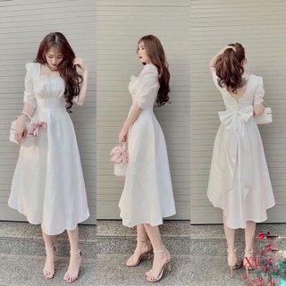 Váy dự tiệc cưới dài qua gối lưng kết nơ to, đầm trắng sang chảnh