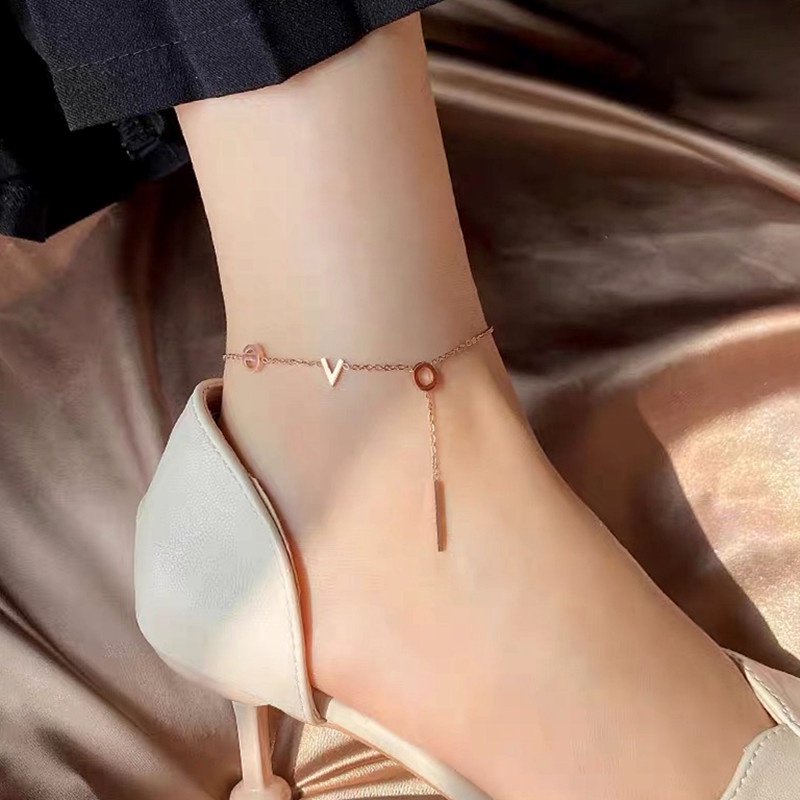 Lắc chân Titan Nữ chống gỉ &quot;LOVE&quot; Vàng 18k Phụ kiện trang sức Hàn Quốc