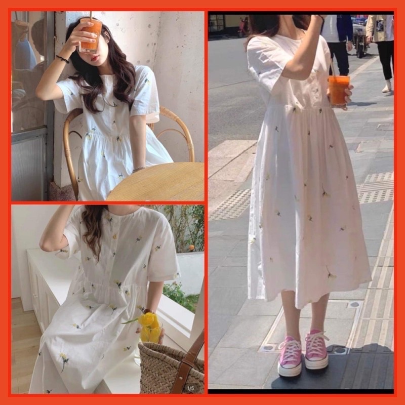 Váy babydoll trắng tay ngắn hoạ tiết hoa nhí dành cho nữ Nhungkudostore