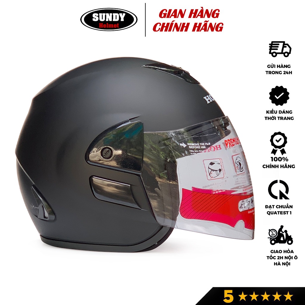 Mũ bảo hiểm 3/4 chụp tai GRO HP0K, nón kiểu dáng Honda có kính dài che cả mặt, size 56-58cm