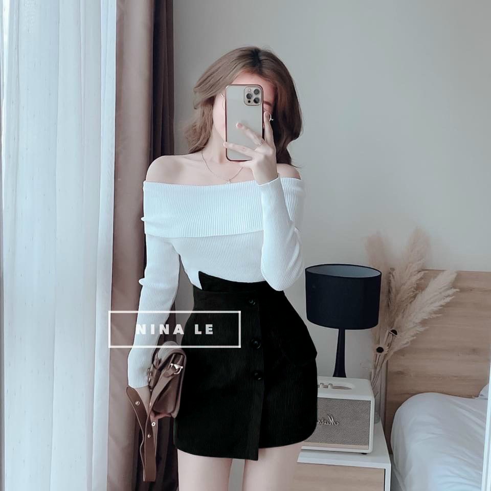 Sét váy nữ thun gân trễ vai tay dài kèm chân váy đắp phối nút phong cách hàn quốc trẻ trung, xinh xắn cho nàng dạo phố