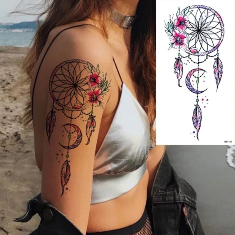 Hình xăm chuông gió dreamcatcher size vừa tông hồng xqb150