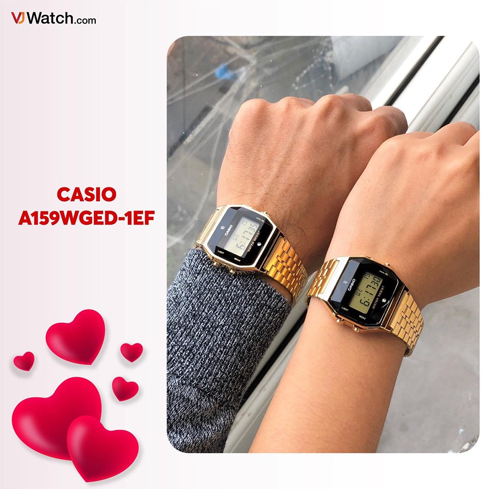 Đồng hồ Unisex CASIO A159WGED đính 2 viên kim cương tự nhiên