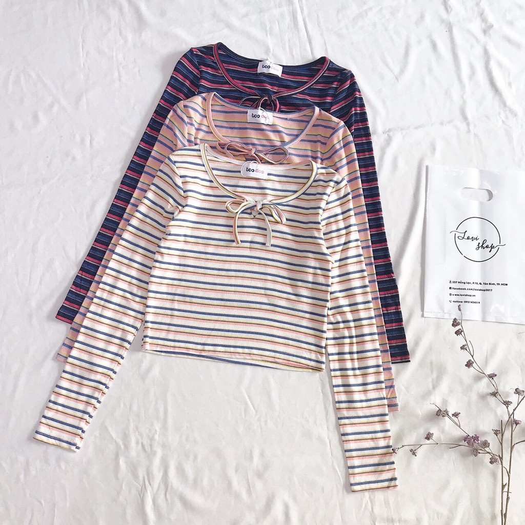 Áo croptop thun gân tay dài kẻ sọc cột nơ thời trang Lovi