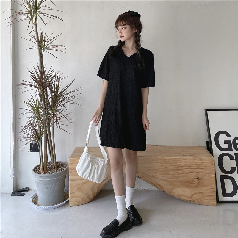 SUXI Đầm midi tay ngắn thiết kế cổ chữ V phong cách trẻ trung