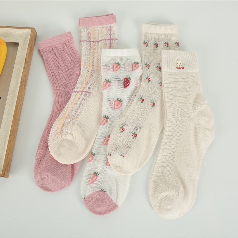 Tất Vớ Nữ Mùa Hè Hoạt Hình Lưới Ren Dâu Tây Lolita Siêu Dễ Thương