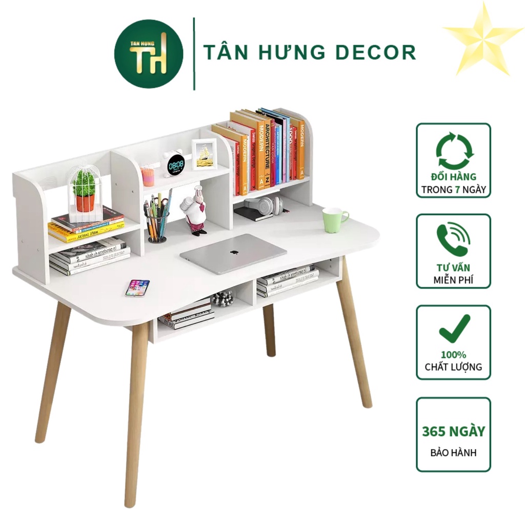 Bàn làm việc học tập chân gỗ mặt bàn bo cong uốn lượn có kệ sách lắp ráp dễ dàng chỉ với 1 người