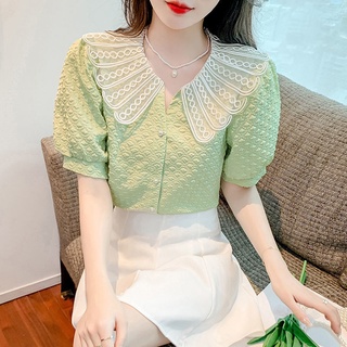 Áo chiffon tay phồng cổ peter pan phối ren dễ thương phong cách hàn quốc phương tây dành cho nữ