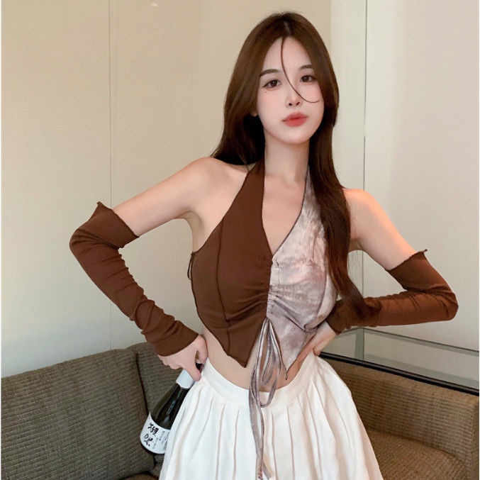 Áo croptop Tay Dài Phối Dây Rút Phong Cách Retro Dành Cho Nữ