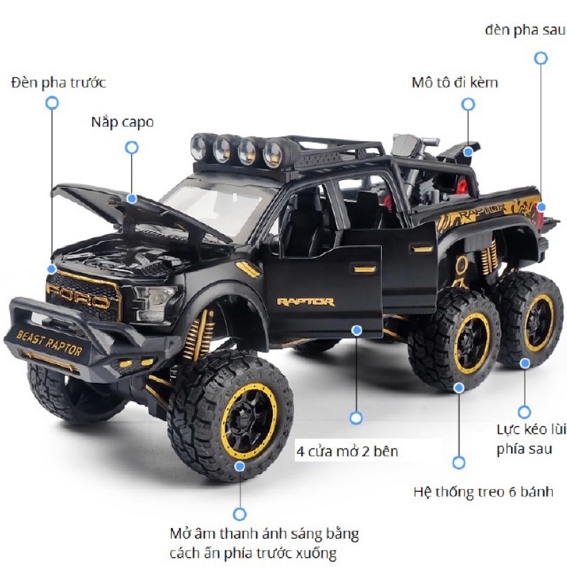 Mô Hình Kim loại Xe ô tô Bán Tải Ford F-150 Beast Raptor/ Mercedes Monster 6X6 Tỷ Lệ 1:24