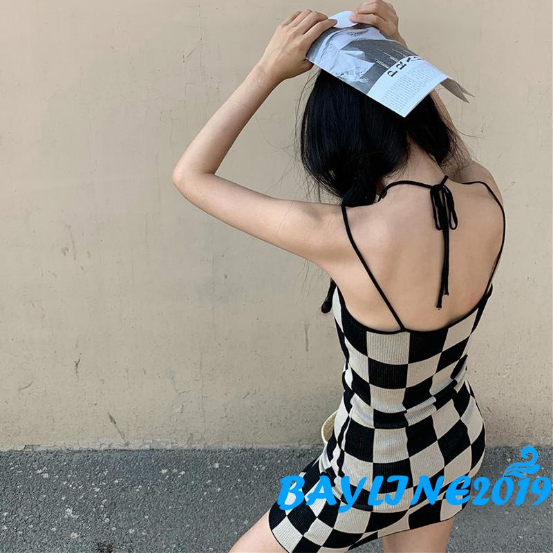 Váy body không tay họa tiết caro quyến rũ cho nữ