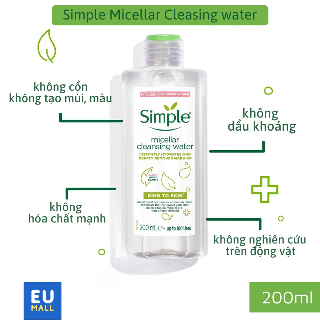 Nước Tẩy Trang SIMPLE Sạch Sâu Dịu Nhẹ cho Da Nhạy Cảm Kind To Skin Micellar Water 200 mL | BigBuy360 - bigbuy360.vn
