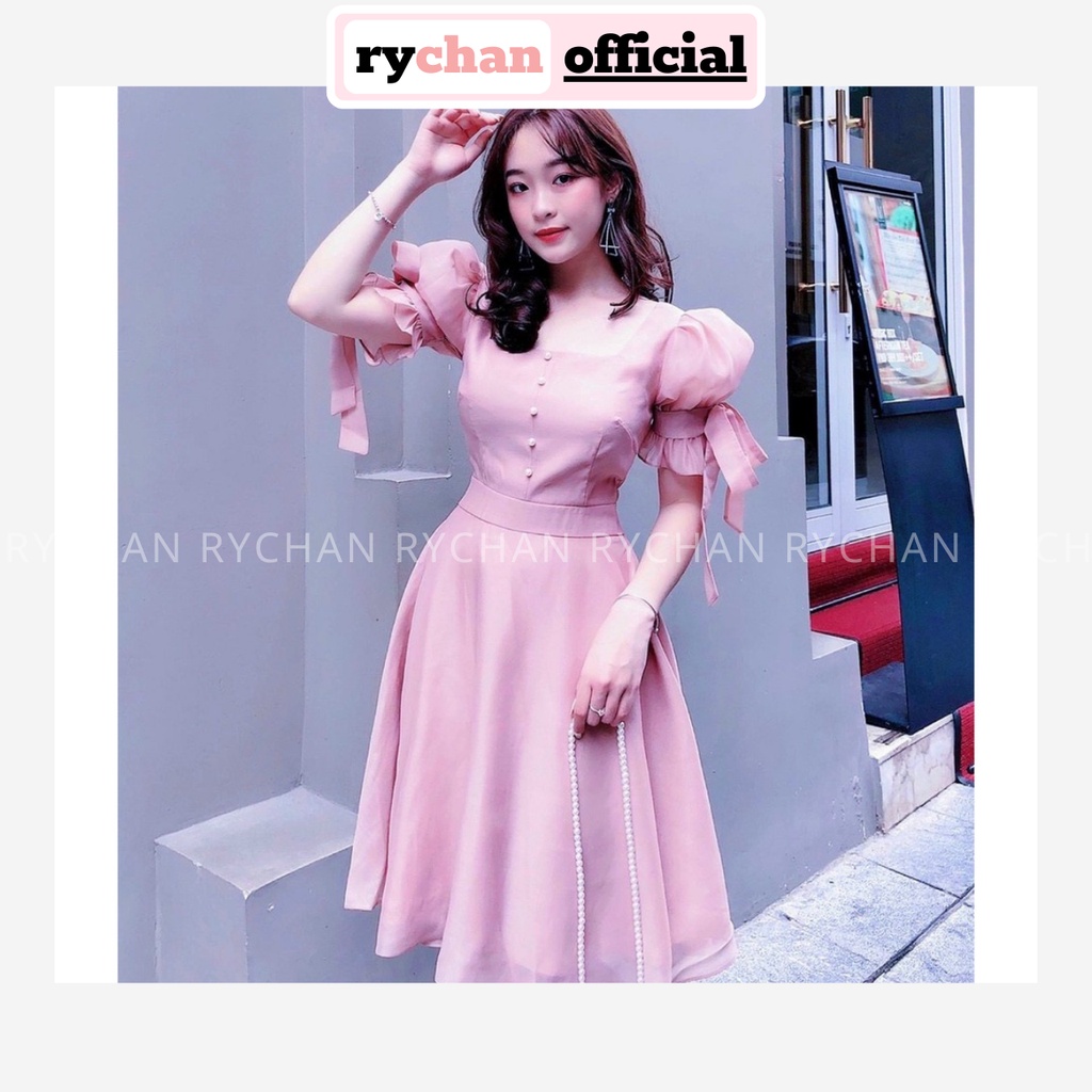 Đầm Xòe Midi Hồng Đính Nút Nơ Tay  [Ảnh Thật Cuối] - DX0047