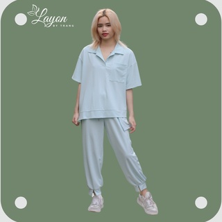Đồ bộ thun nữ áo cổ bẻ polo kết hợp cùng quần jogger Layon