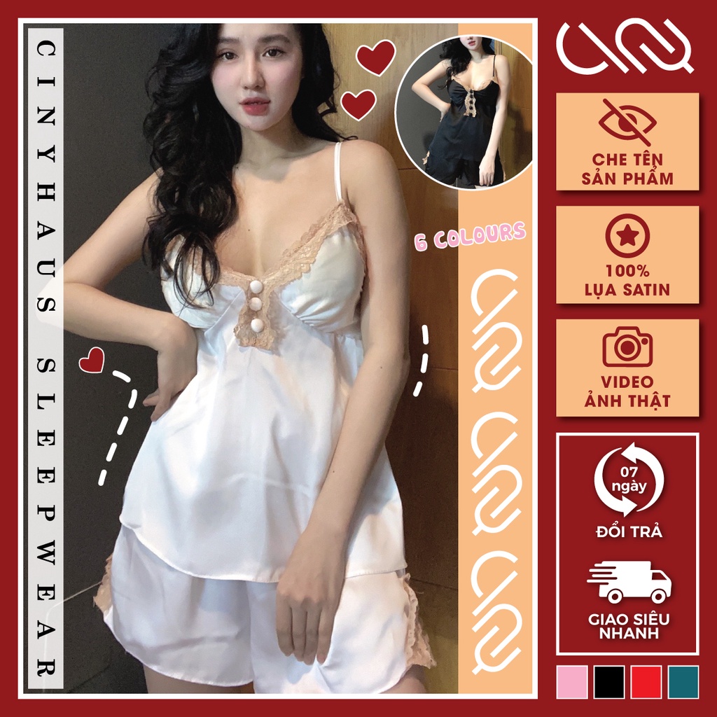 Đồ Ngủ 2 Dây Phối Ren Đính Nút Có Mút Ngực Mặc Nhà Thoáng Mát Chất Lụa Satin Mềm Mại Gợi Cảm Freesize - CN009 CINY