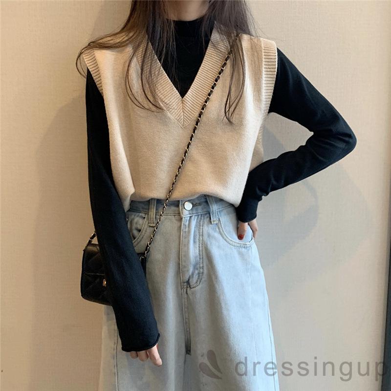 Áo dệt kim không tay cổ chữ V màu trơn thời trang đơn giản cho nữ | BigBuy360 - bigbuy360.vn