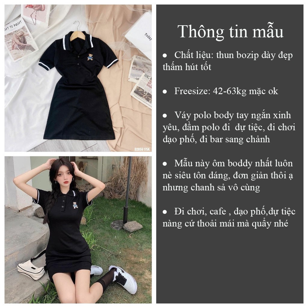 Đầm polo body tay ngắn thêu gấu VIETCEN váy body ôm dự tiệc đi chơi sang chảnh