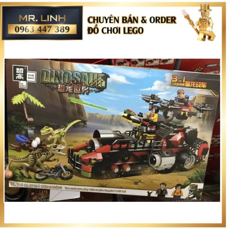 Lego - Zhegao QL 1713 ( Xếp Hình Xe Săn Bắt Khủng Long 682 Mảnh )