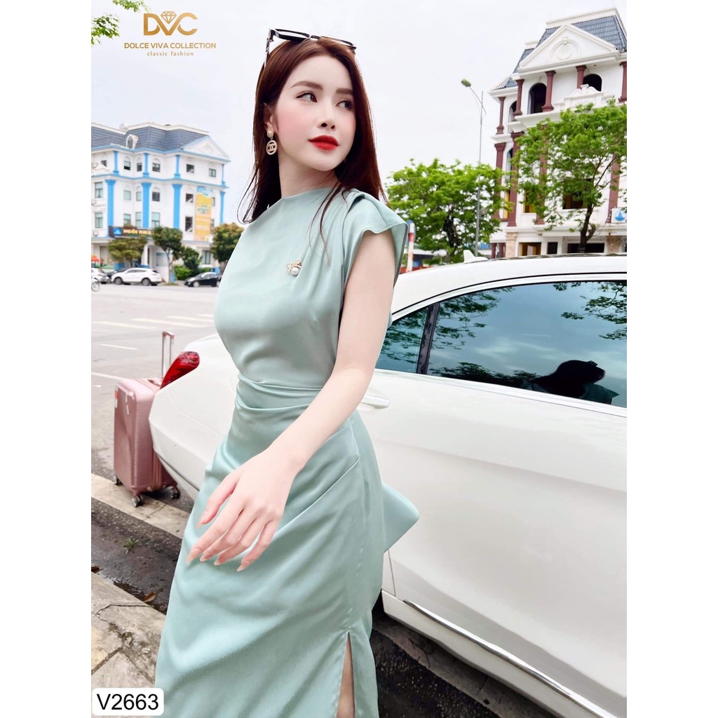 ĐẦM LỤA XANH MINT XẺ TÀ DVC V2663