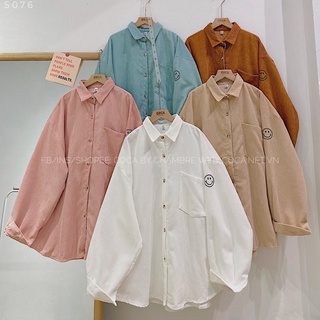 [S076]🍭 Áo sơ mi nhung tăm thêu mặt cười form rộng phong cách ulzzang (Có sẵn/ảnh thật)